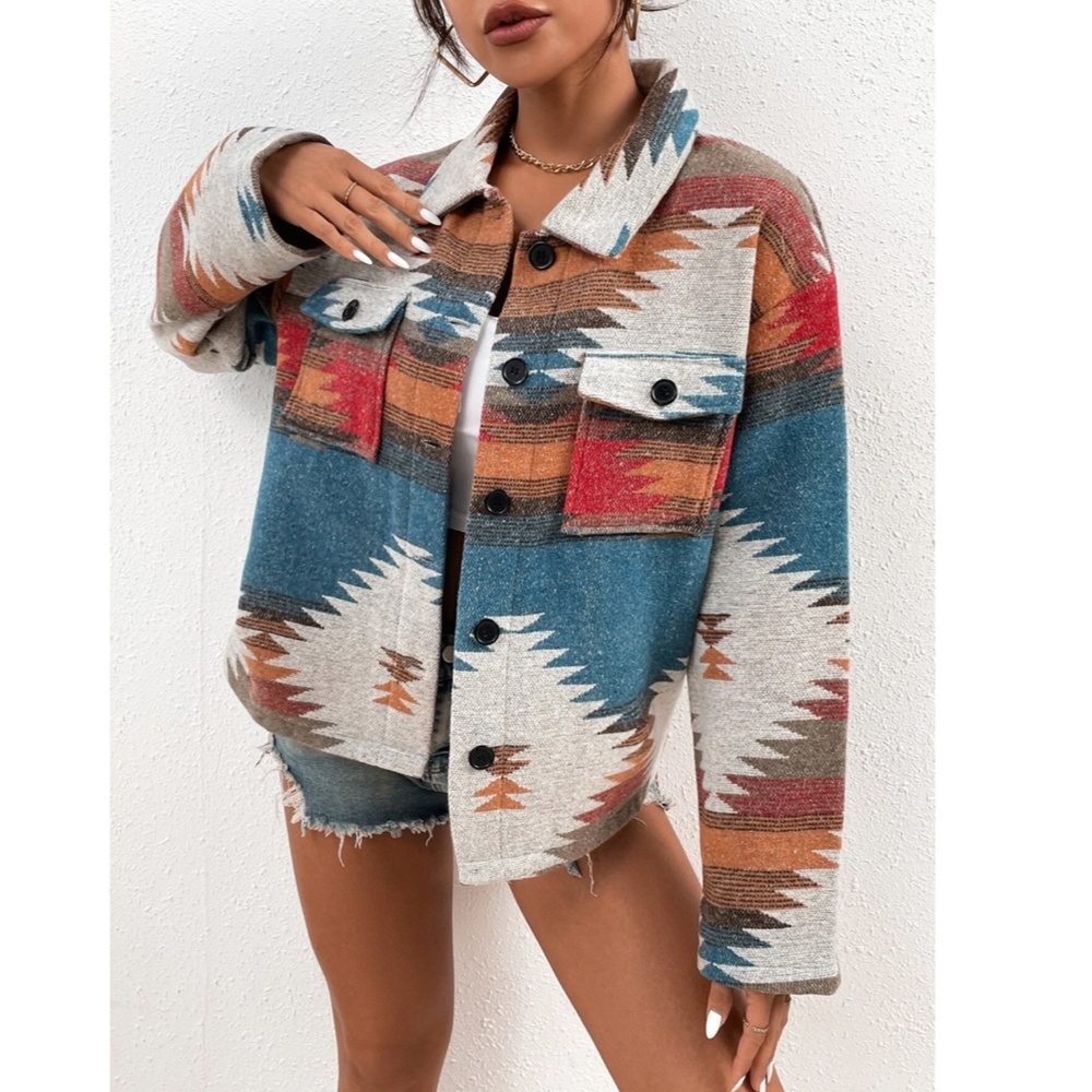Aztec, Tribal, Geometric print Button Up Front, Pocket Detailed Jacket - Picture 5 of 6
